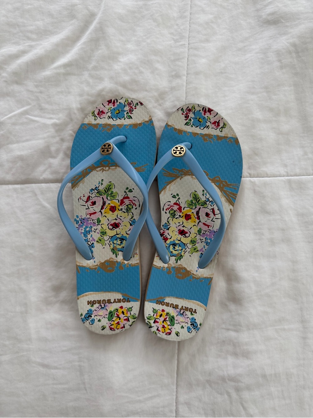 Tory Burch Light Blue Floral Flip Flops